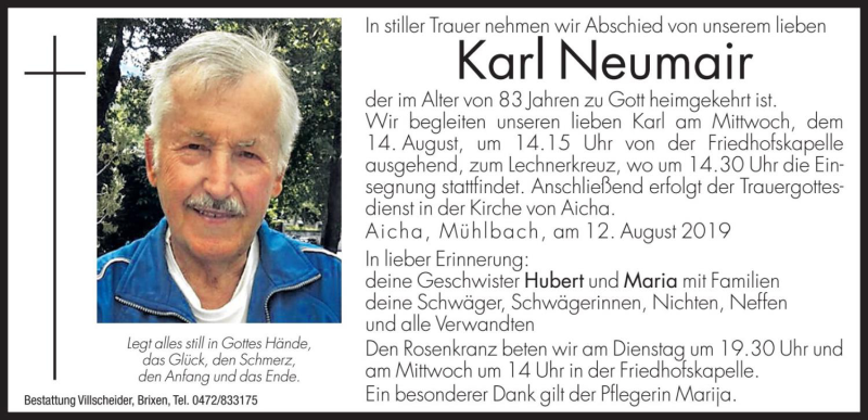  Traueranzeige für Karl Neumair vom 13.08.2019 aus Dolomiten