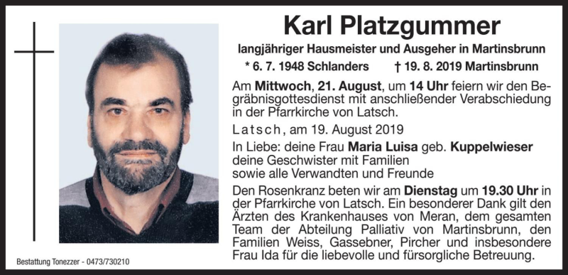  Traueranzeige für Karl Platzgummer vom 20.08.2019 aus Dolomiten