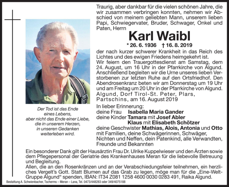  Traueranzeige für Karl Waibl vom 21.08.2019 aus Dolomiten