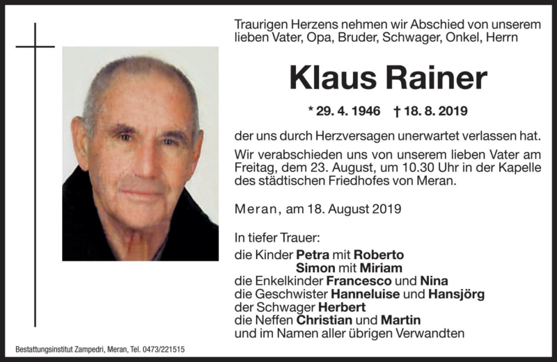  Traueranzeige für Klaus Rainer vom 22.08.2019 aus Dolomiten