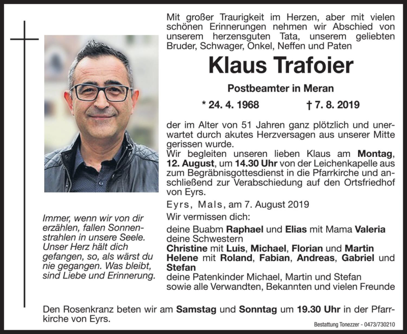  Traueranzeige für Klaus Trafoier vom 10.08.2019 aus Dolomiten