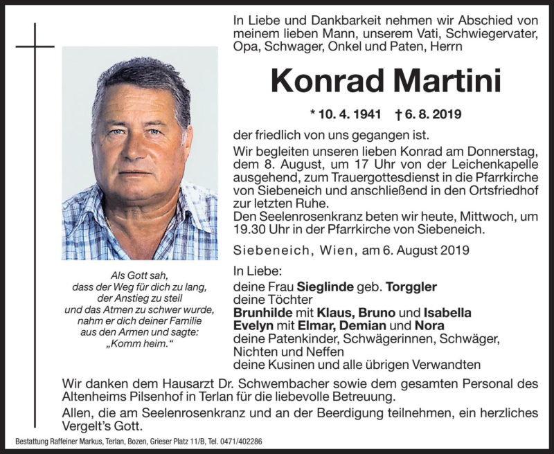  Traueranzeige für Konrad Martini vom 07.08.2019 aus Dolomiten