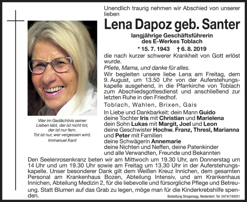  Traueranzeige für Lena Dapoz vom 07.08.2019 aus Dolomiten
