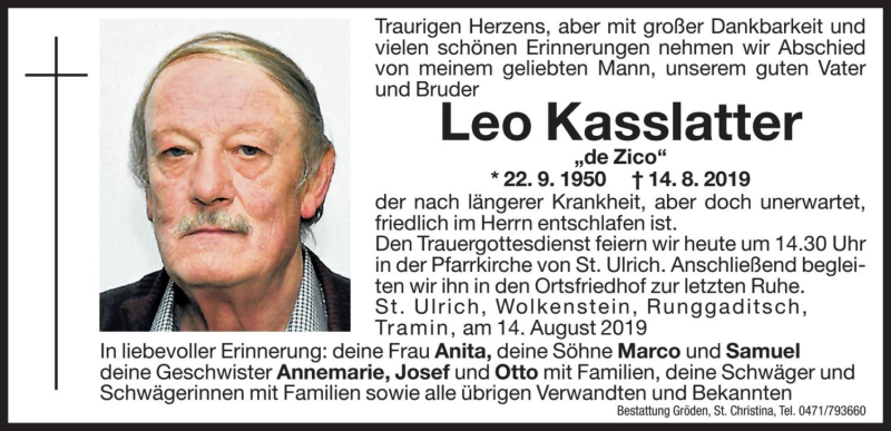  Traueranzeige für Leo Kasslatter vom 17.08.2019 aus Dolomiten
