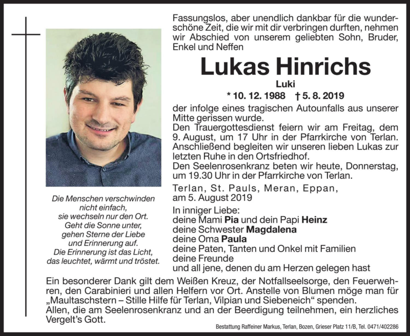  Traueranzeige für Lukas Hinrichs vom 08.08.2019 aus Dolomiten
