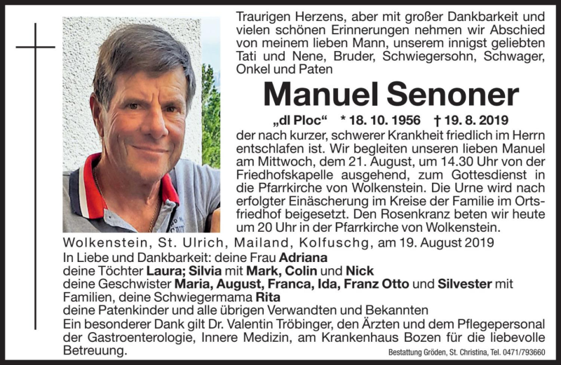  Traueranzeige für Manuel Senoner vom 20.08.2019 aus Dolomiten