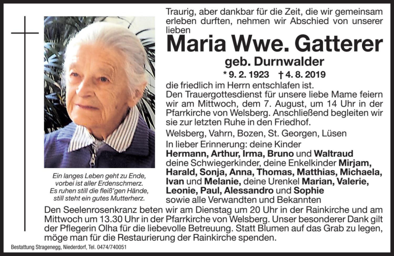  Traueranzeige für Maria Gatterer vom 06.08.2019 aus Dolomiten
