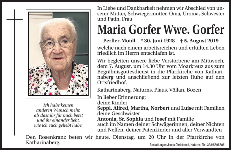  Traueranzeige für Maria Gorfer vom 06.08.2019 aus Dolomiten