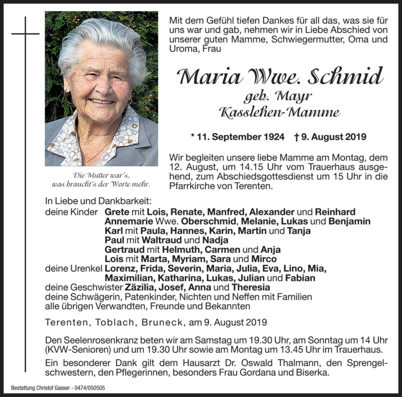  Traueranzeige für Maria Schmid vom 10.08.2019 aus Dolomiten