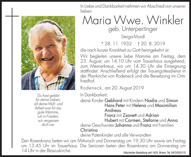  Traueranzeige für Maria Winkler vom 21.08.2019 aus Dolomiten