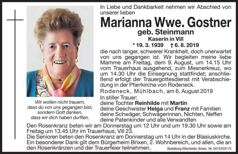  Traueranzeige für Marianna Gostner vom 08.08.2019 aus Dolomiten