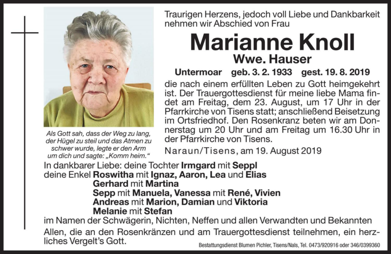  Traueranzeige für Marianne Hauser vom 21.08.2019 aus Dolomiten