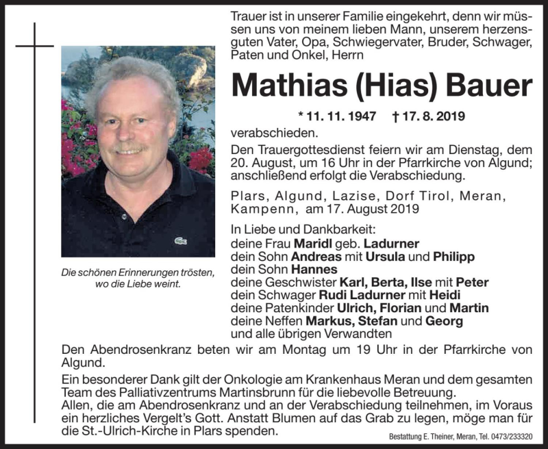  Traueranzeige für Mathias Bauer vom 19.08.2019 aus Dolomiten