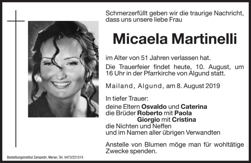  Traueranzeige für Micaela Martinelli vom 10.08.2019 aus Dolomiten