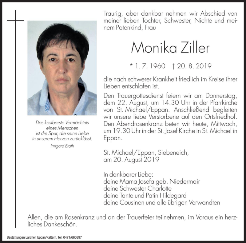  Traueranzeige für Monika Ziller vom 21.08.2019 aus Dolomiten