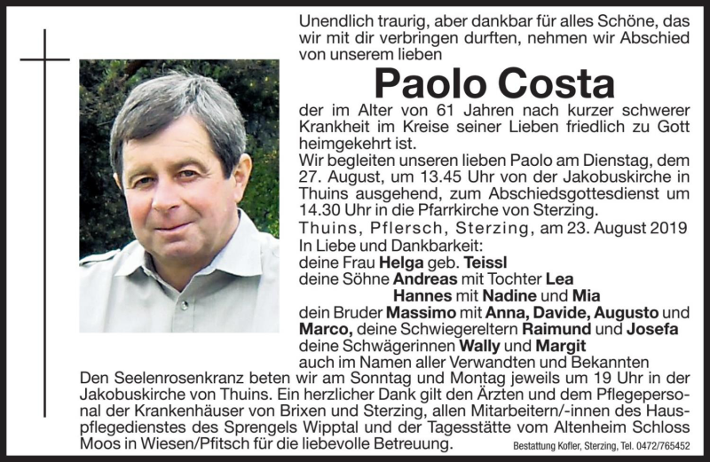  Traueranzeige für Paolo Costa vom 24.08.2019 aus Dolomiten