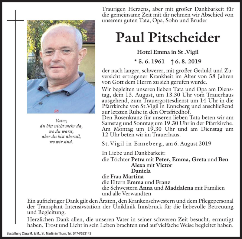  Traueranzeige für Paul Pitscheider vom 10.08.2019 aus Dolomiten