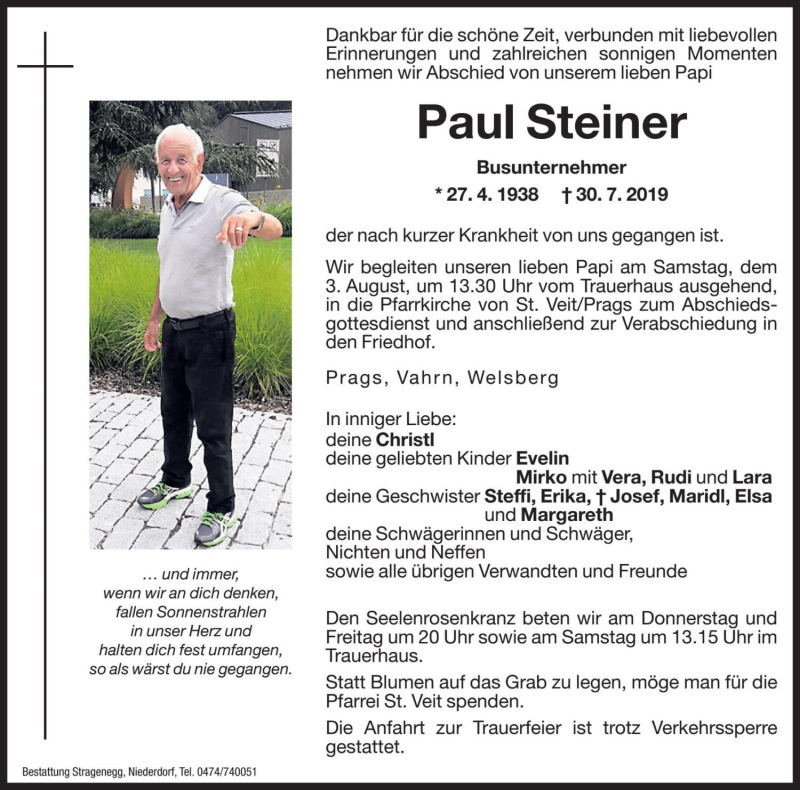  Traueranzeige für Paul Steiner vom 01.08.2019 aus Dolomiten