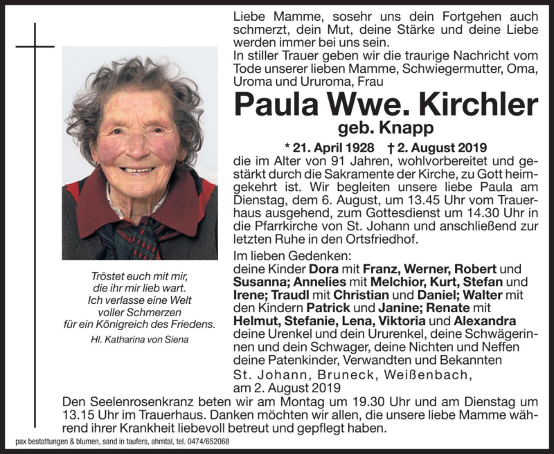  Traueranzeige für Paula Kirchler vom 05.08.2019 aus Dolomiten