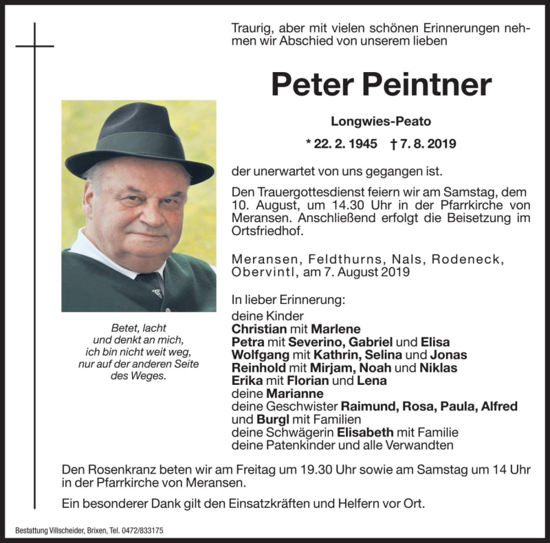  Traueranzeige für Peter Peintner vom 09.08.2019 aus Dolomiten