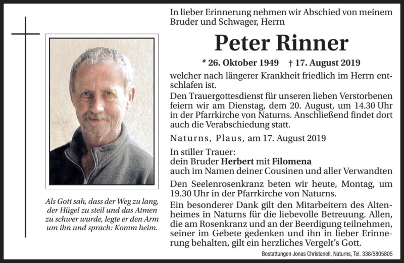  Traueranzeige für Peter Rinner vom 19.08.2019 aus Dolomiten