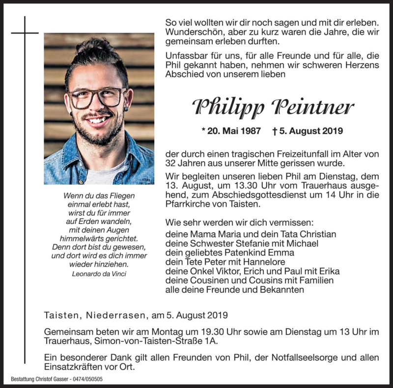  Traueranzeige für Philipp Peintner vom 12.08.2019 aus Dolomiten