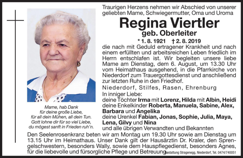  Traueranzeige für Regina Viertler vom 05.08.2019 aus Dolomiten