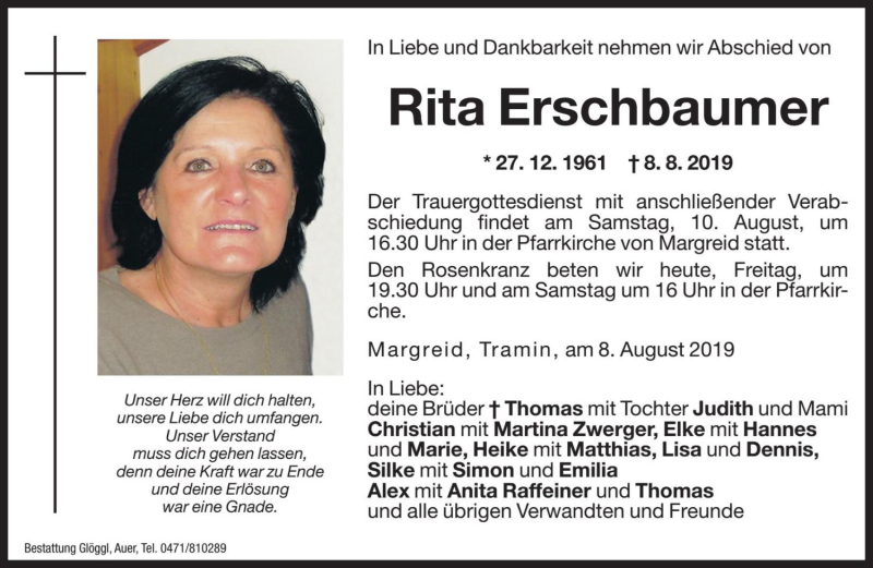  Traueranzeige für Rita Erschbaumer vom 09.08.2019 aus Dolomiten