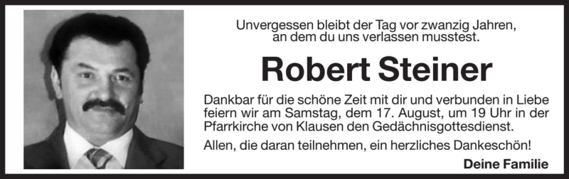  Traueranzeige für Robert Steiner vom 17.08.2019 aus Dolomiten