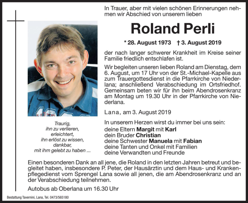  Traueranzeige für Roland Perli vom 05.08.2019 aus Dolomiten