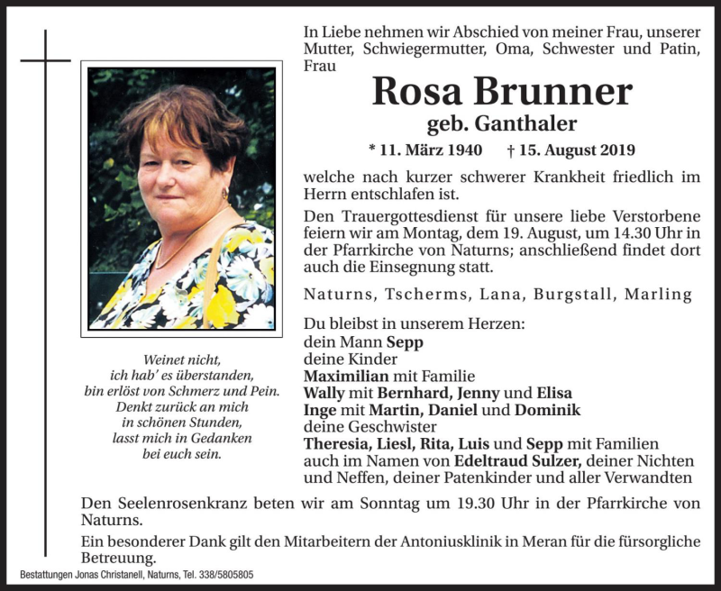  Traueranzeige für Rosa Brunner vom 17.08.2019 aus Dolomiten