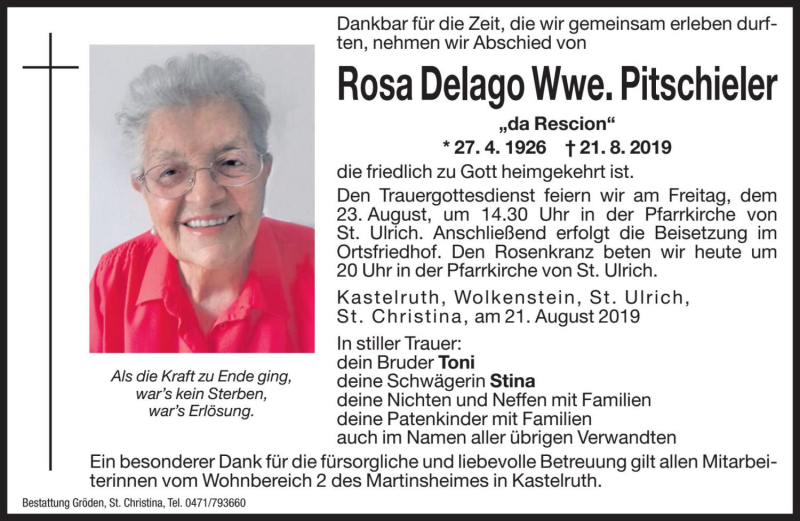  Traueranzeige für Rosa Pitschieler vom 22.08.2019 aus Dolomiten