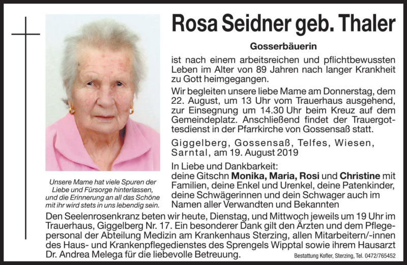  Traueranzeige für Rosa Seidner vom 20.08.2019 aus Dolomiten