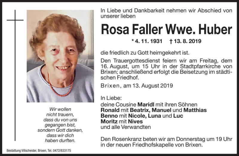  Traueranzeige für Rosa Huber vom 14.08.2019 aus Dolomiten
