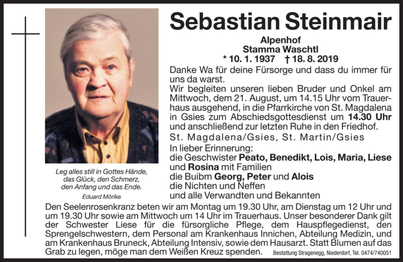  Traueranzeige für Sebastian Steinmair vom 19.08.2019 aus Dolomiten