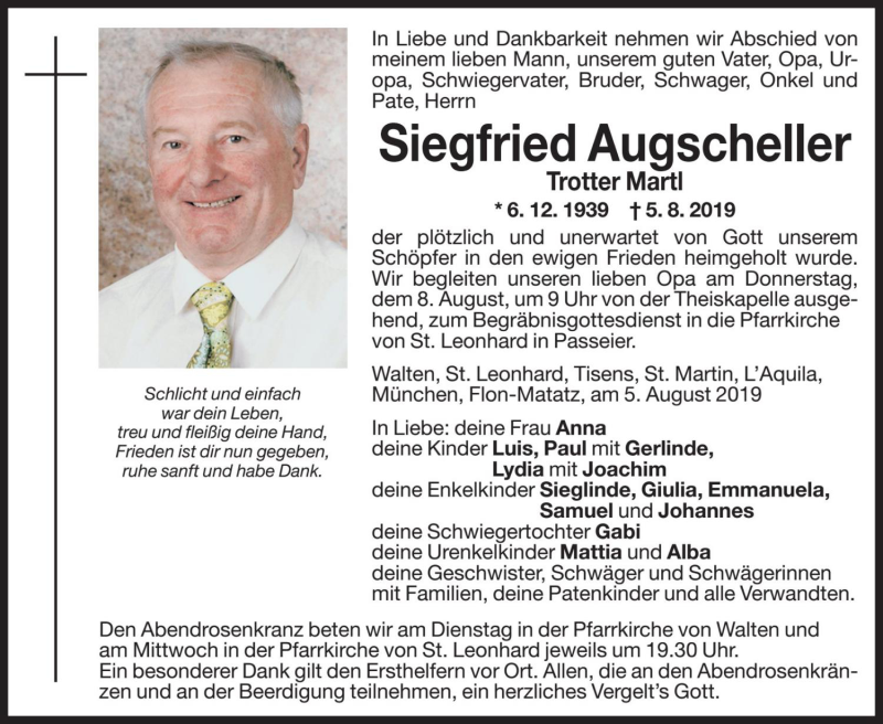  Traueranzeige für Siegfried Augscheller vom 07.08.2019 aus Dolomiten