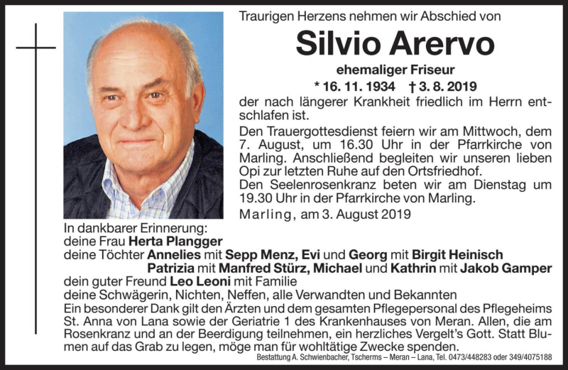  Traueranzeige für Silvio Arervo vom 05.08.2019 aus Dolomiten