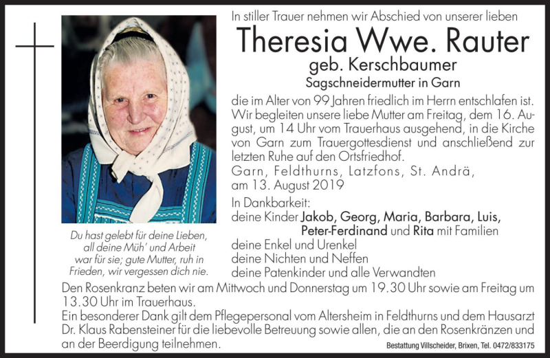  Traueranzeige für Theresia Rauter vom 14.08.2019 aus Dolomiten