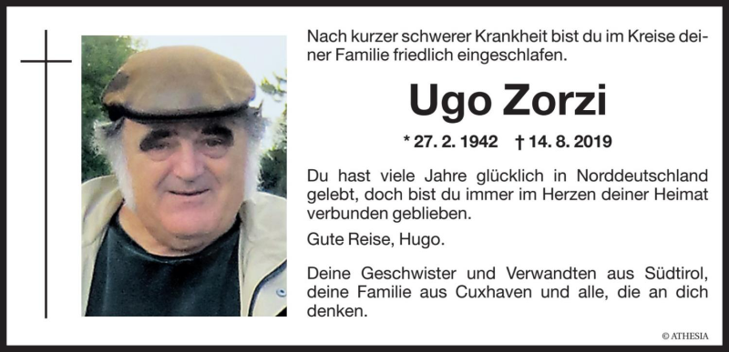  Traueranzeige für Ugo Zorzi vom 17.08.2019 aus Dolomiten