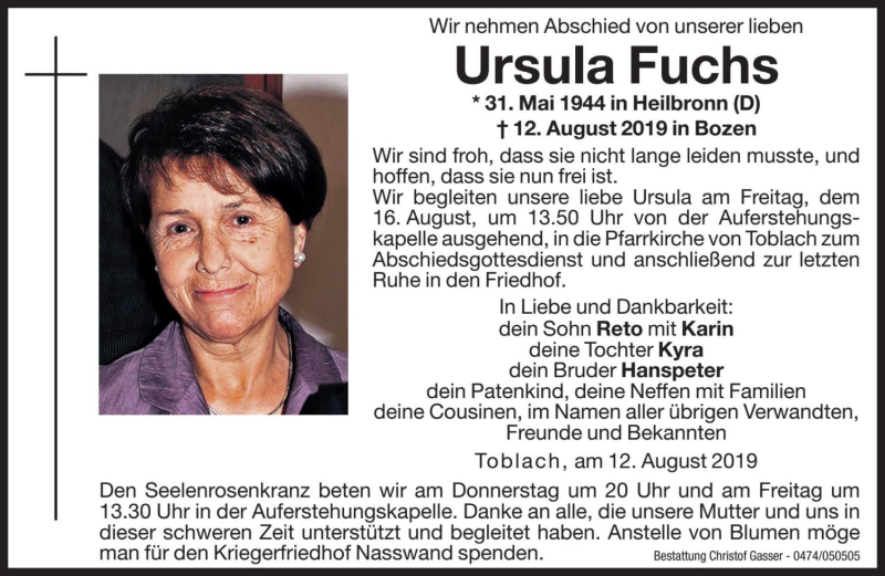  Traueranzeige für Ursula Fuchs vom 14.08.2019 aus Dolomiten