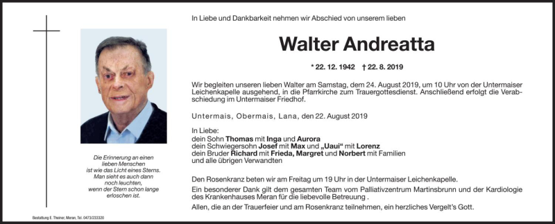  Traueranzeige für Walter Andreatta vom 23.08.2019 aus Dolomiten