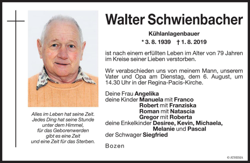  Traueranzeige für Walter Schwienbacher vom 05.08.2019 aus Dolomiten