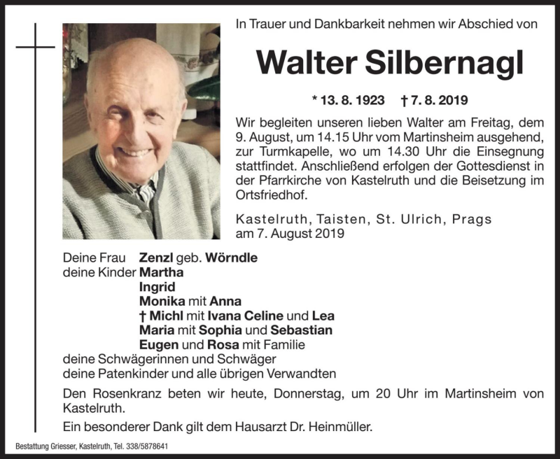  Traueranzeige für Walter Silbernagl vom 08.08.2019 aus Dolomiten