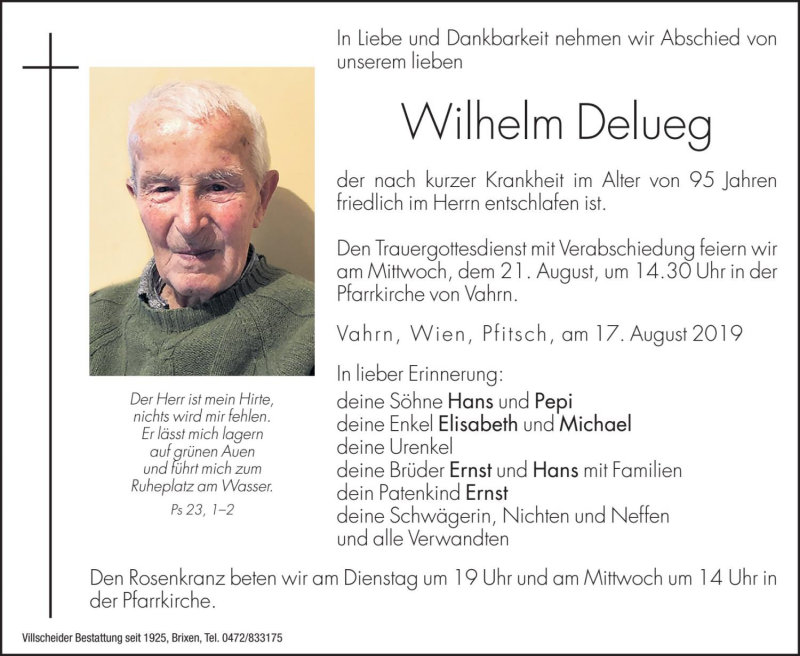  Traueranzeige für Wilhelm Delueg vom 19.08.2019 aus Dolomiten