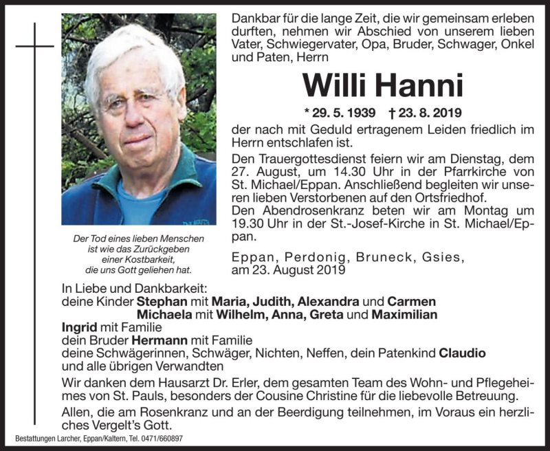  Traueranzeige für Willi Hanni vom 24.08.2019 aus Dolomiten