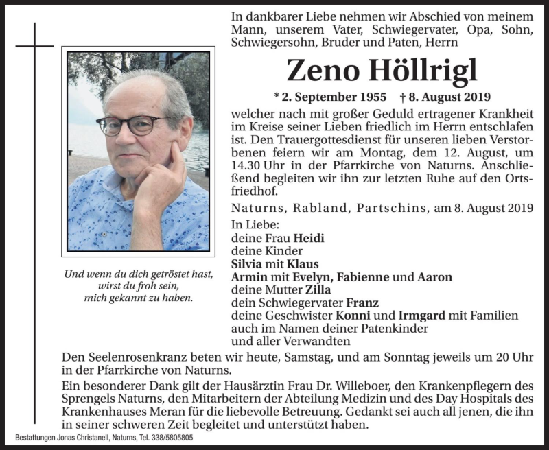 Traueranzeige für Zeno Höllrigl vom 10.08.2019 aus Dolomiten