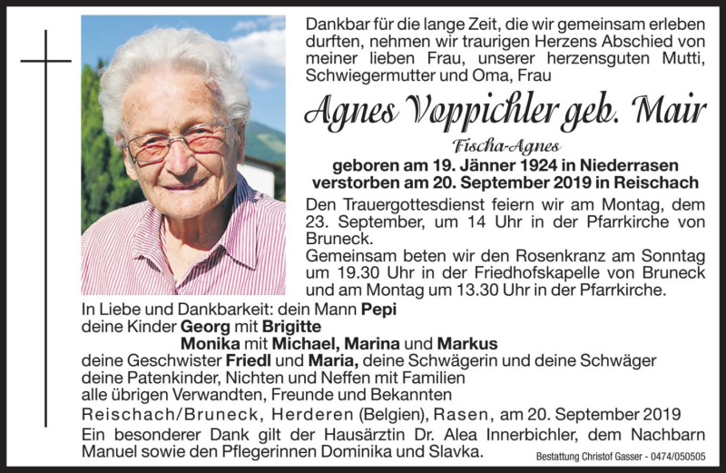  Traueranzeige für Agnes Voppichler vom 21.09.2019 aus Dolomiten