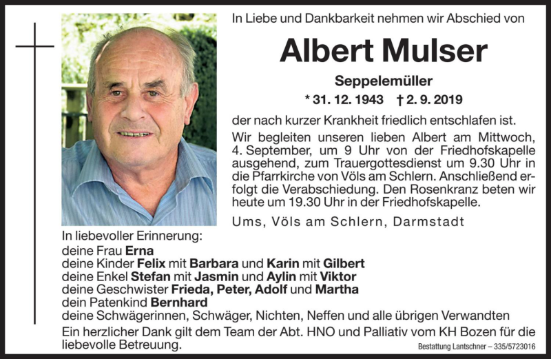  Traueranzeige für Albert Mulser vom 03.09.2019 aus Dolomiten