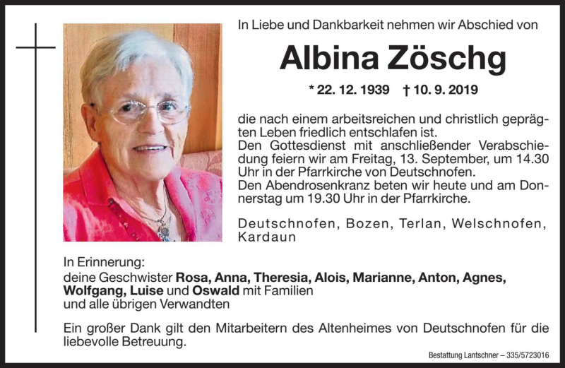  Traueranzeige für Albina Zöschg vom 11.09.2019 aus Dolomiten