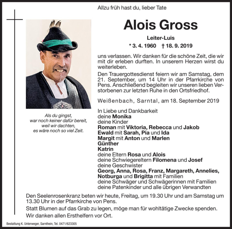  Traueranzeige für Alois Gross vom 20.09.2019 aus Dolomiten